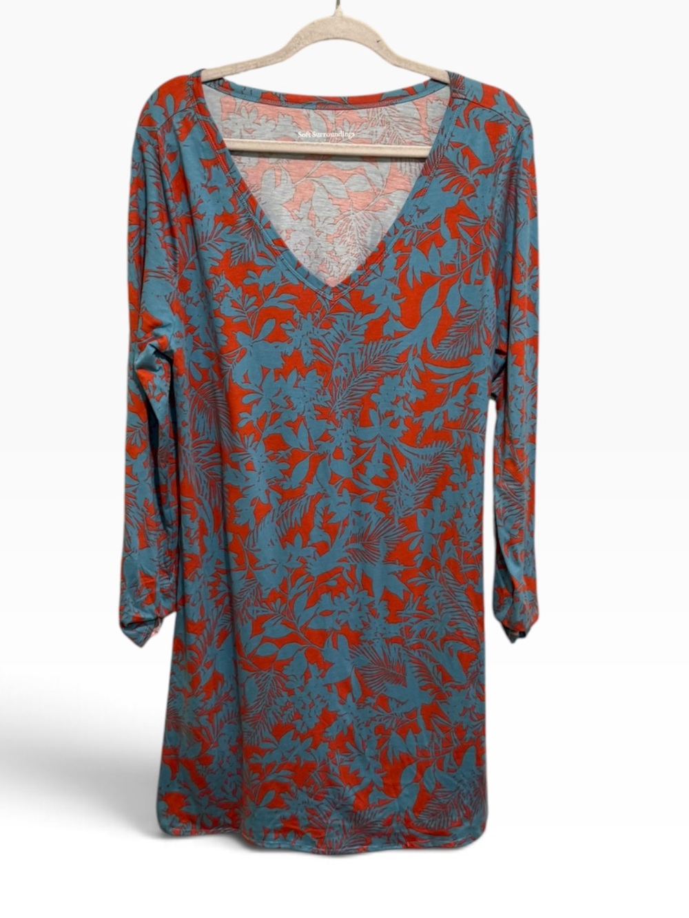 Soft Surroundings Floral Long Sleeve Midi Dress Blue & Red Large Like New